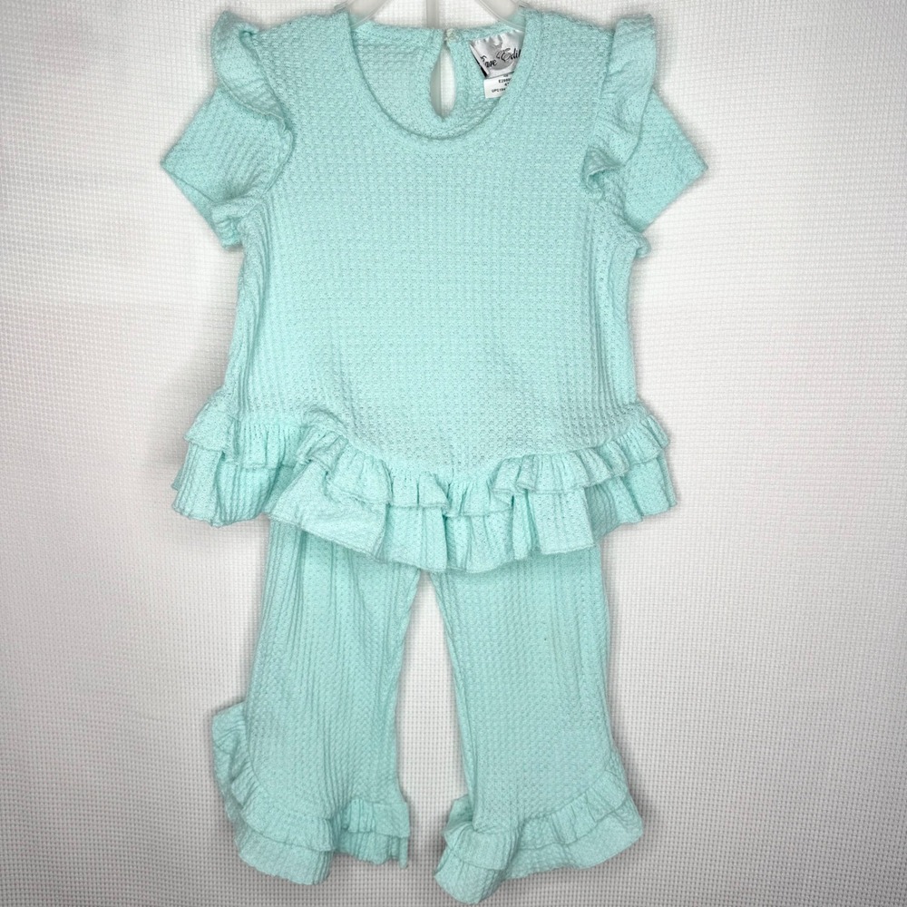 Rare Editions Girls Mint Green Waffle Knit Ruffle Peplum Top Pants Set 4T